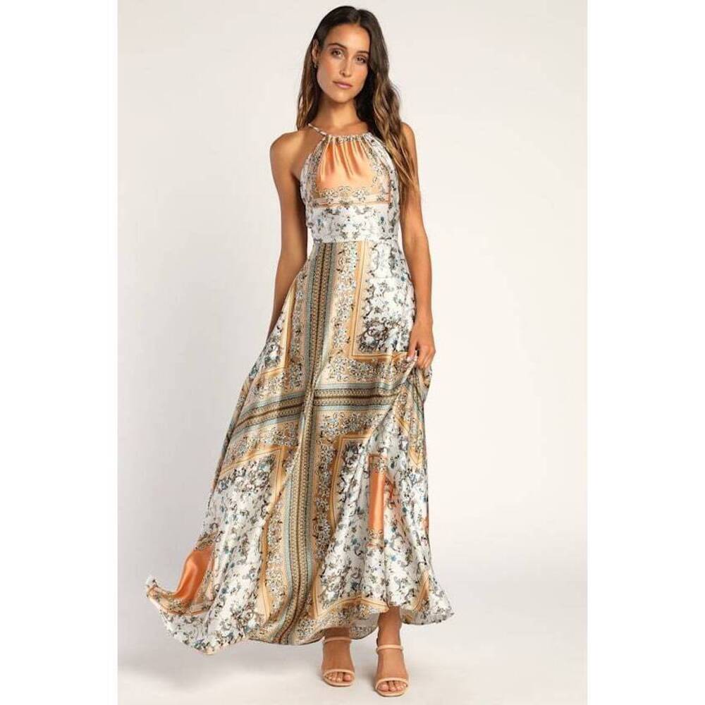 Lulus Divinely Inspired White Scarf Print Satin Backless Maxi Dress - Size M